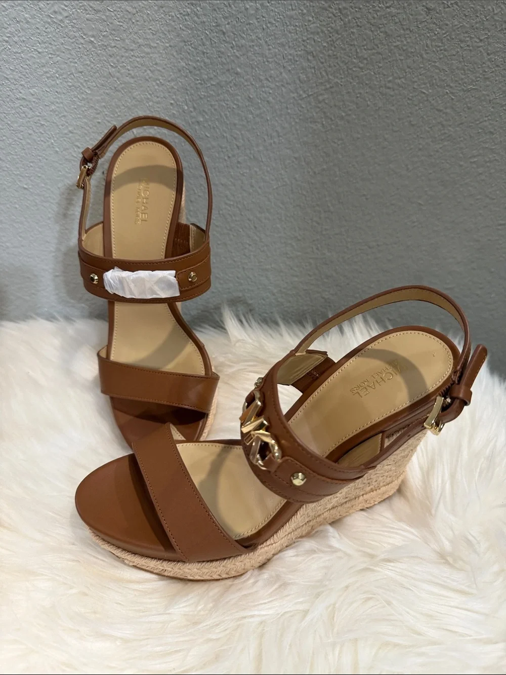 Michael Kors Cognac Brown Espadrille Wedge Sandals with Gold Accents